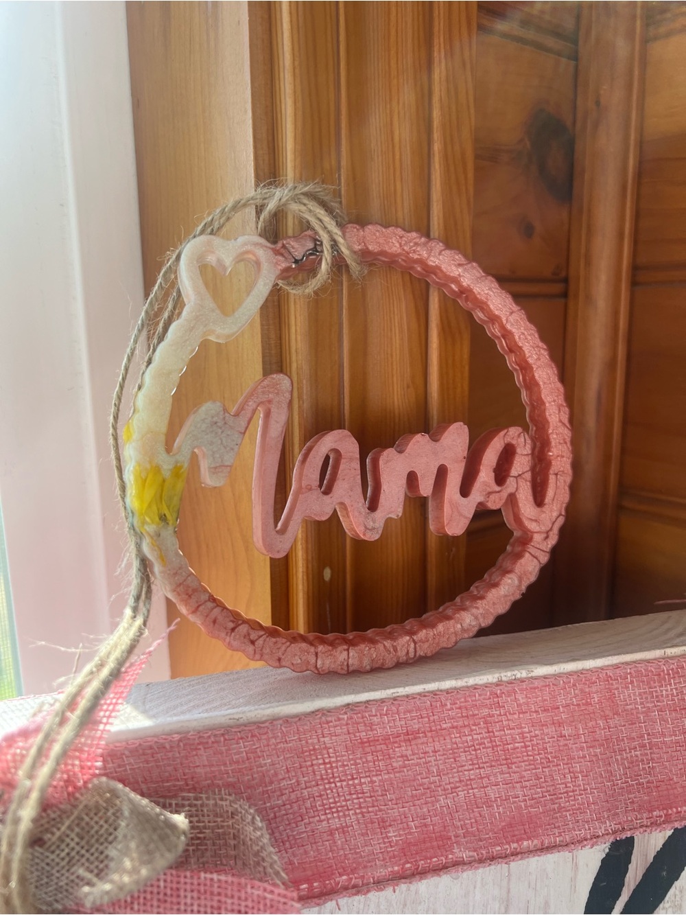 Pink multi colored homemade resin “Mama” Hanging Sign